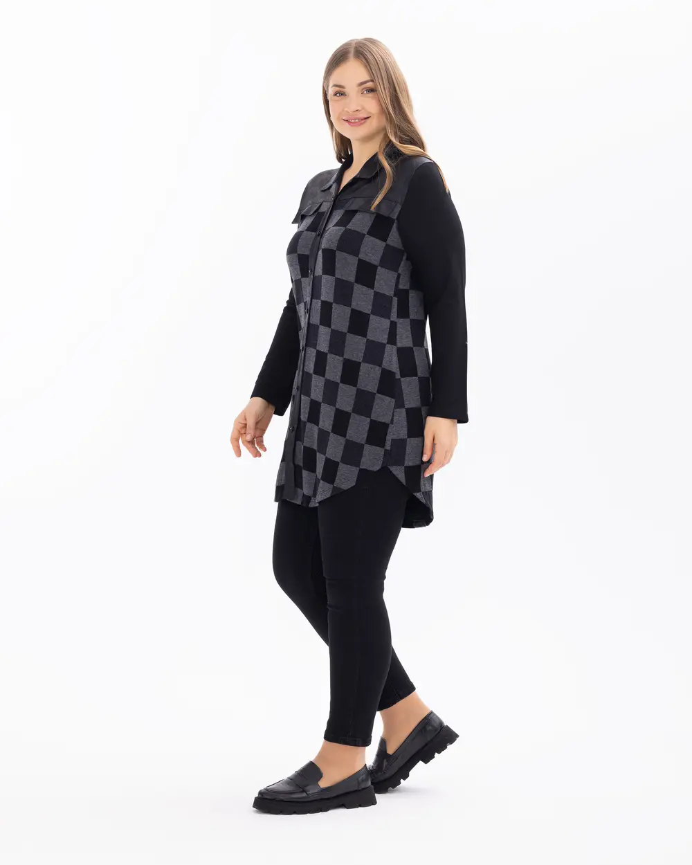 Plus Size Plaid Patterned Buttoned Tunic
