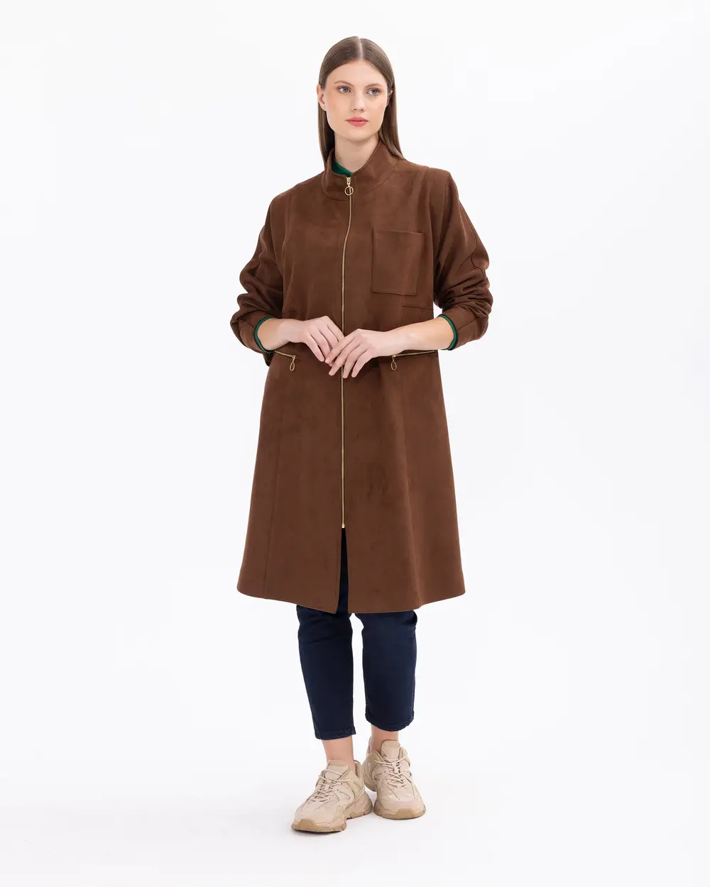 Plus Size Zippered Suede Coat