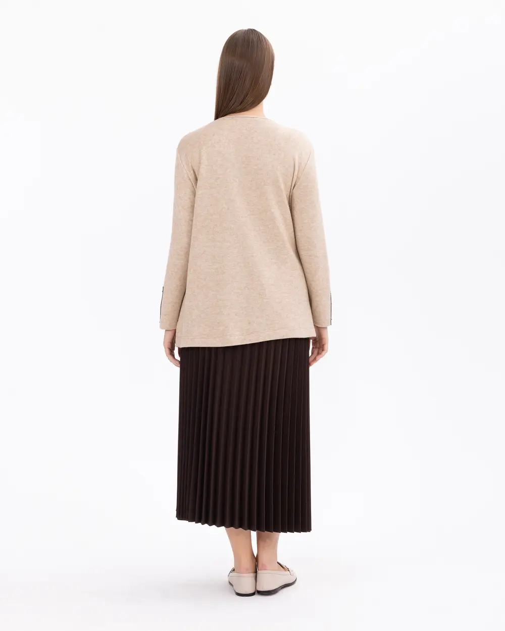 Büyük Beden Deri Detaylı Yuvarlak Yakalı Örme Bluz