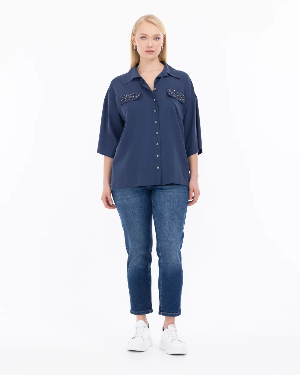 Plus Size Stone Embroidered Shirt