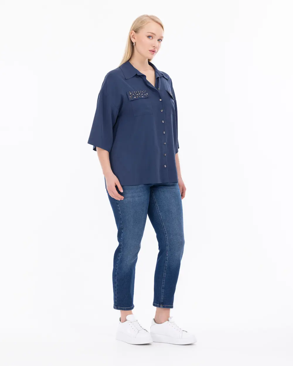 Plus Size Stone Embroidered Shirt