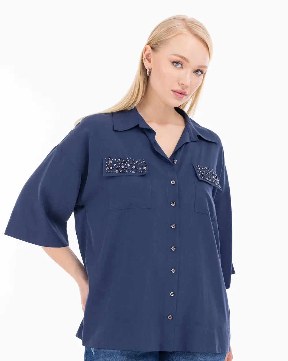 Plus Size Stone Embroidered Shirt