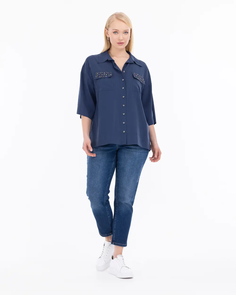 Plus Size Stone Embroidered Shirt