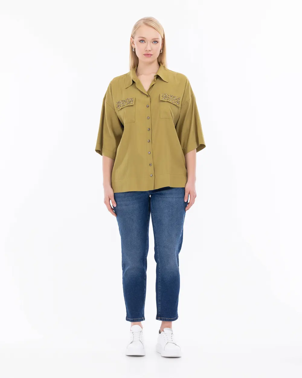 Plus Size Stone Embroidered Shirt