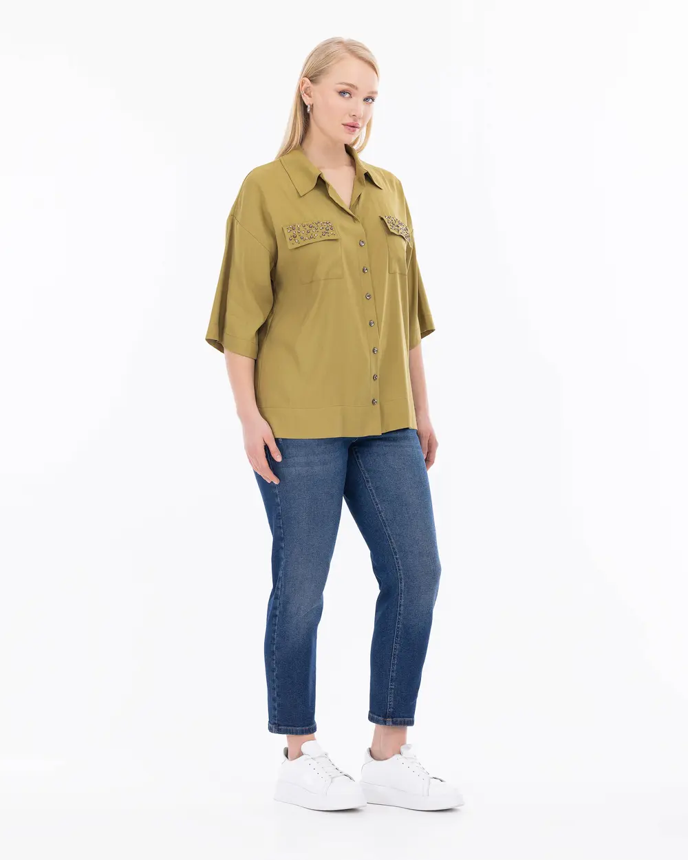 Plus Size Stone Embroidered Shirt