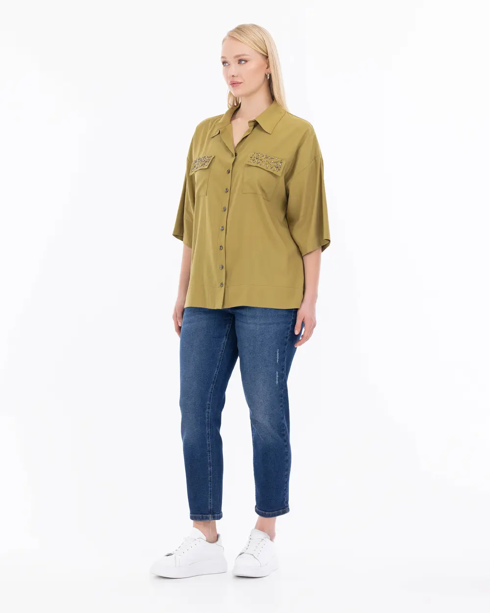 Plus Size Stone Embroidered Shirt