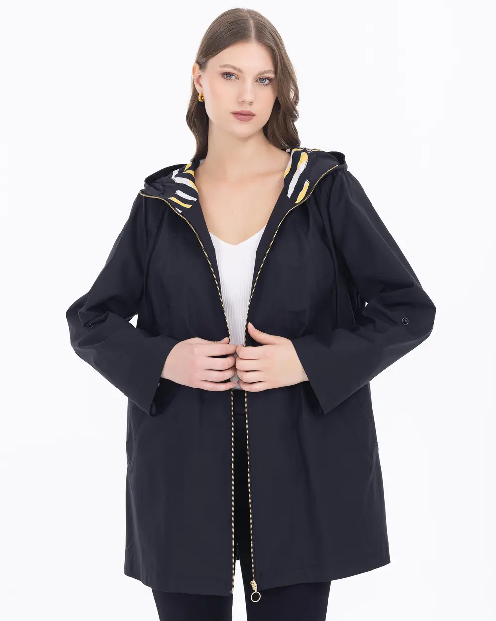Plus Size Hooded Collar Sports Trench Coat