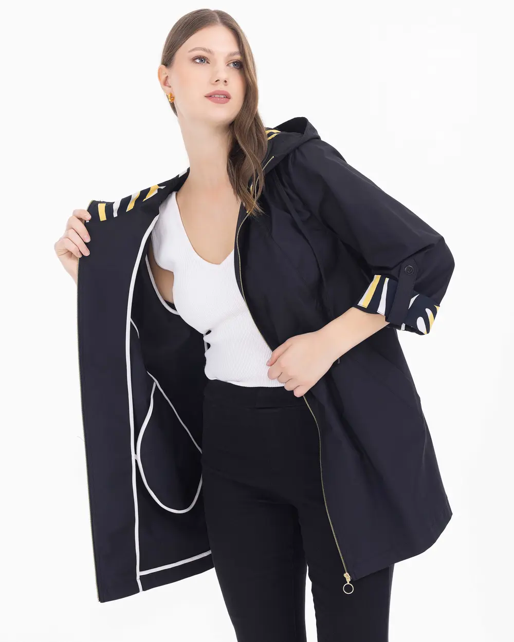 Plus Size Hooded Collar Sports Trench Coat