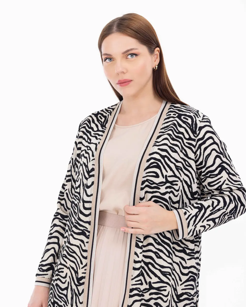 Büyük Beden Zebra Desen İç Bluzlu Ribanalı Ceket