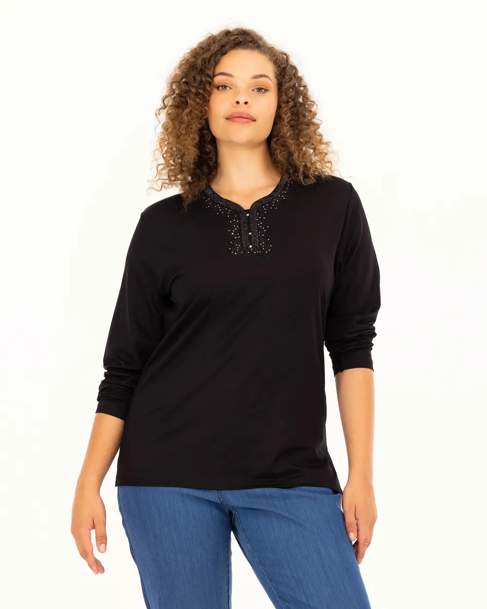Plus Size Stone Embroidered V-Neck Blouse