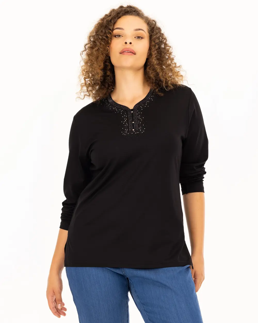 Plus Size Stone Embroidered V-Neck Blouse