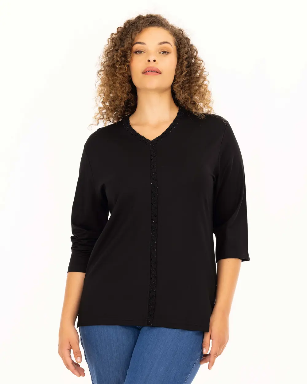 Plus Size Stone Embroidered Long Sleeve Blouse