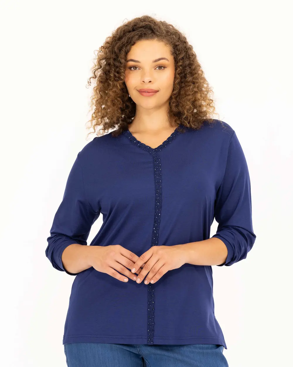 Plus Size Stone Embroidered Long Sleeve Blouse