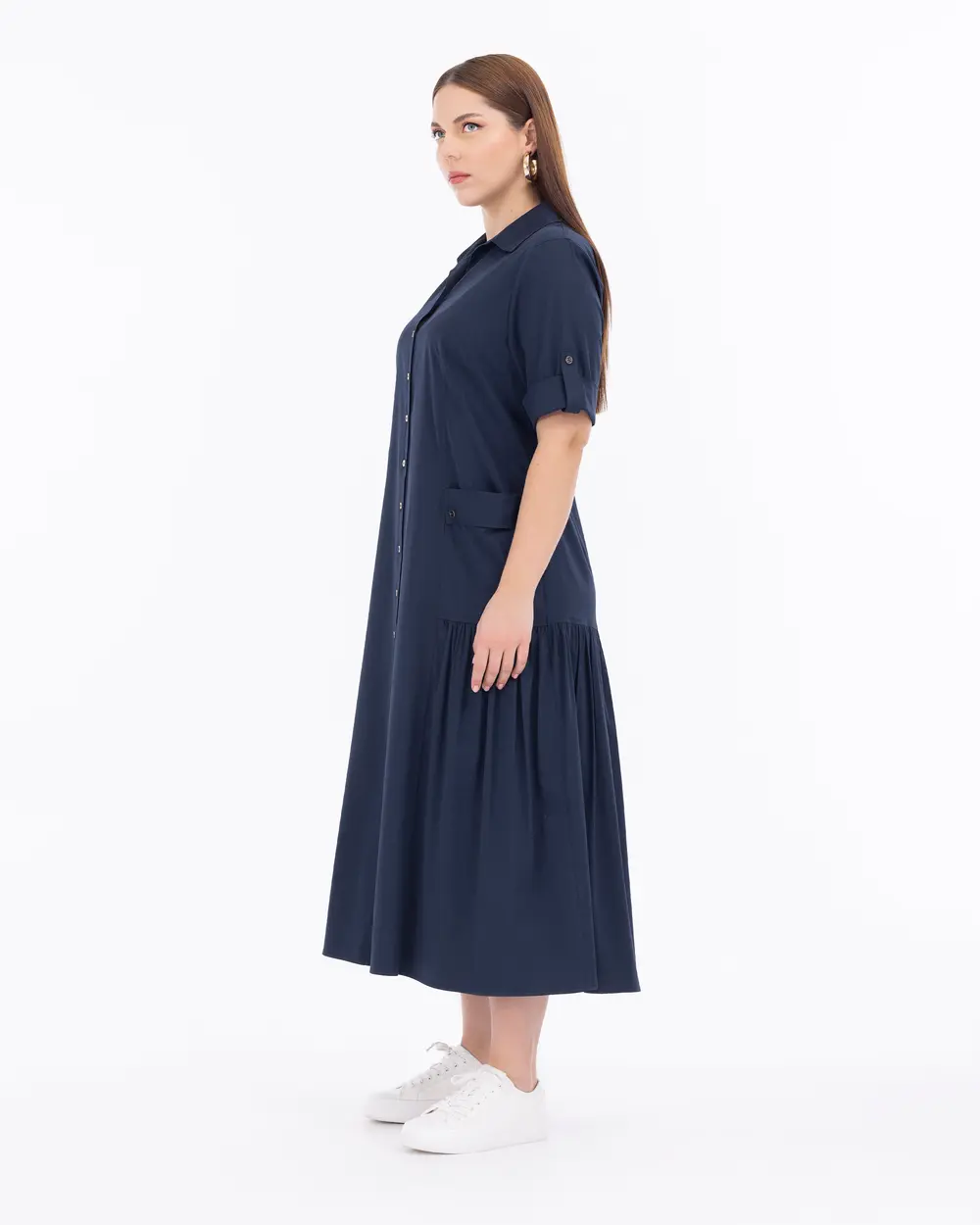 Büyük Beden Bebe Yaka Cepli Midi Boy Elbise