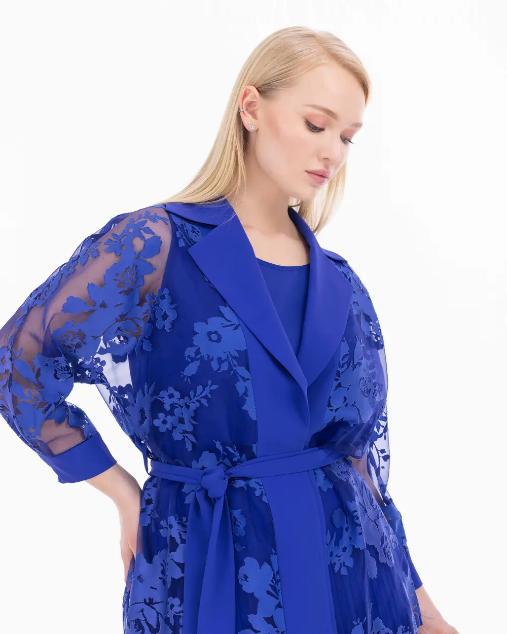 Plus Size Belted Chiffon Suit with Inner Blouse