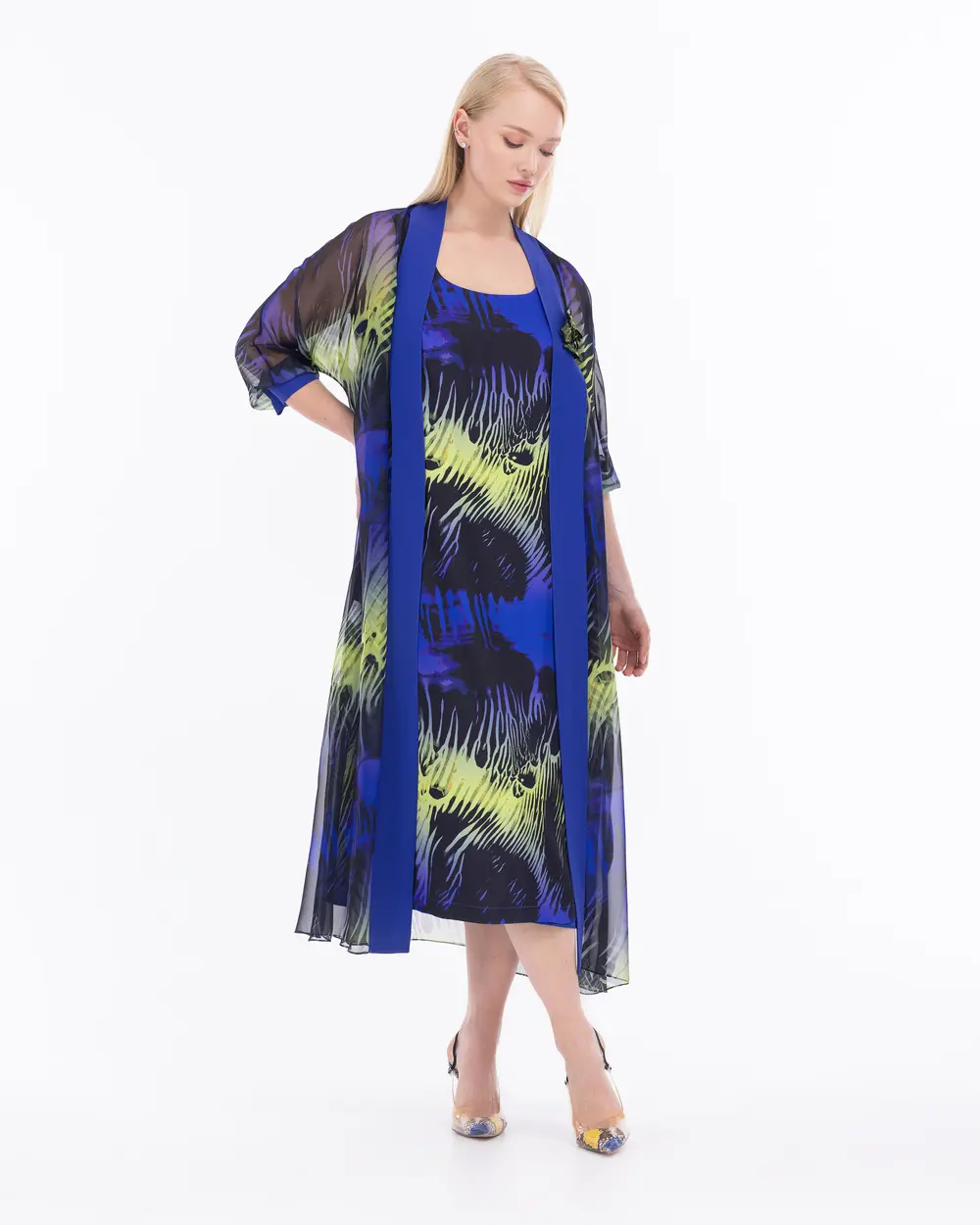 Büyük Beden Saten Görünümlü Elbise ve Şifon Kap