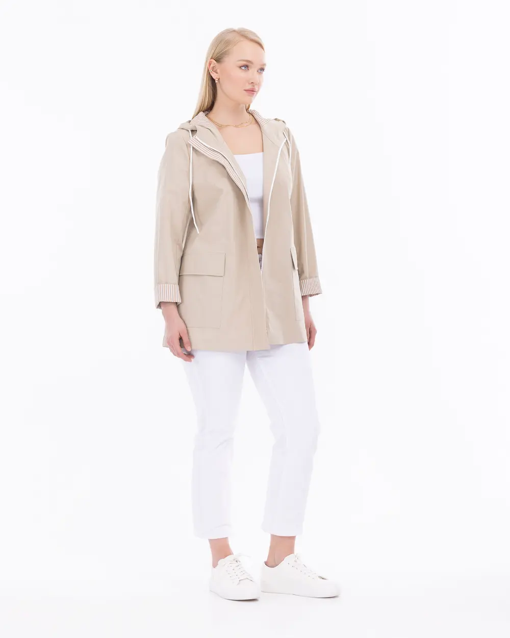Plus Size Hooded Collar Zippered Sports Trench Coat