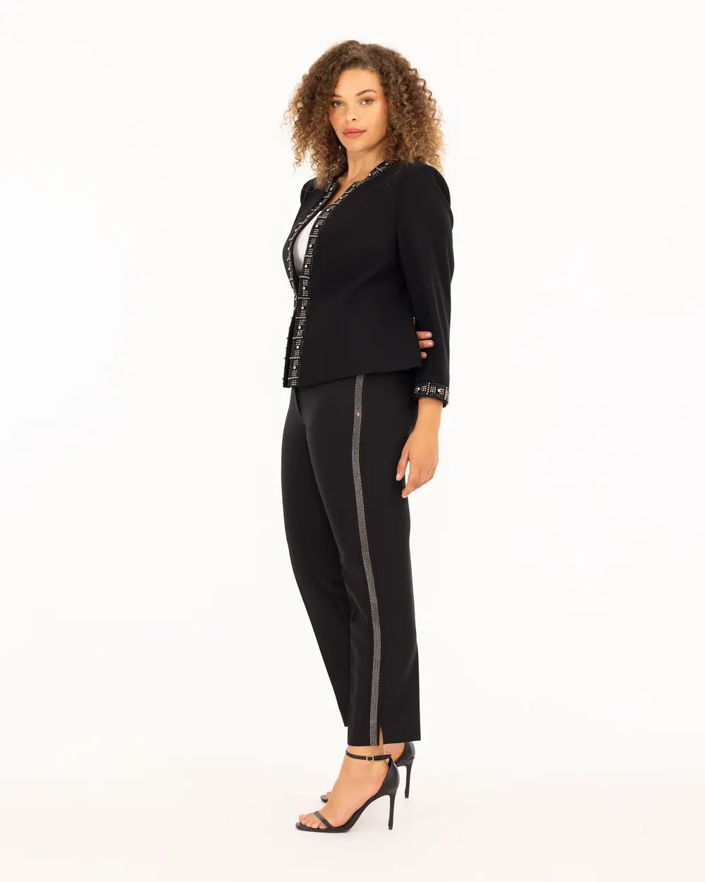 Plus Size Elegant Jacket with Pearl Detailing and Round Neckline