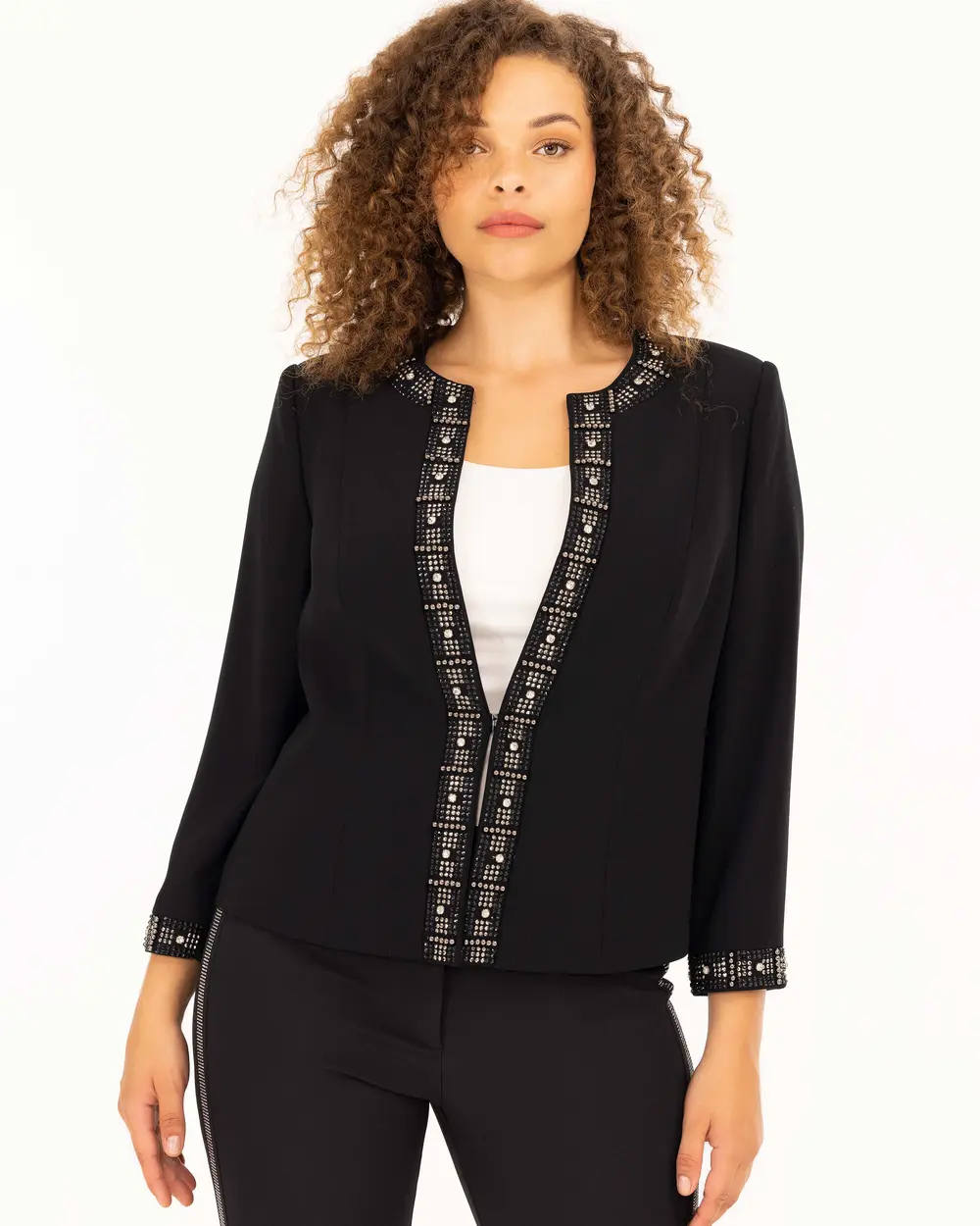 Plus Size Elegant Jacket with Pearl Detailing and Round Neckline