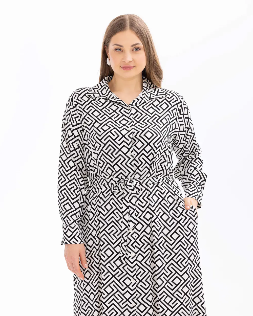 Plus Size Geometric Patterned Belted Dress