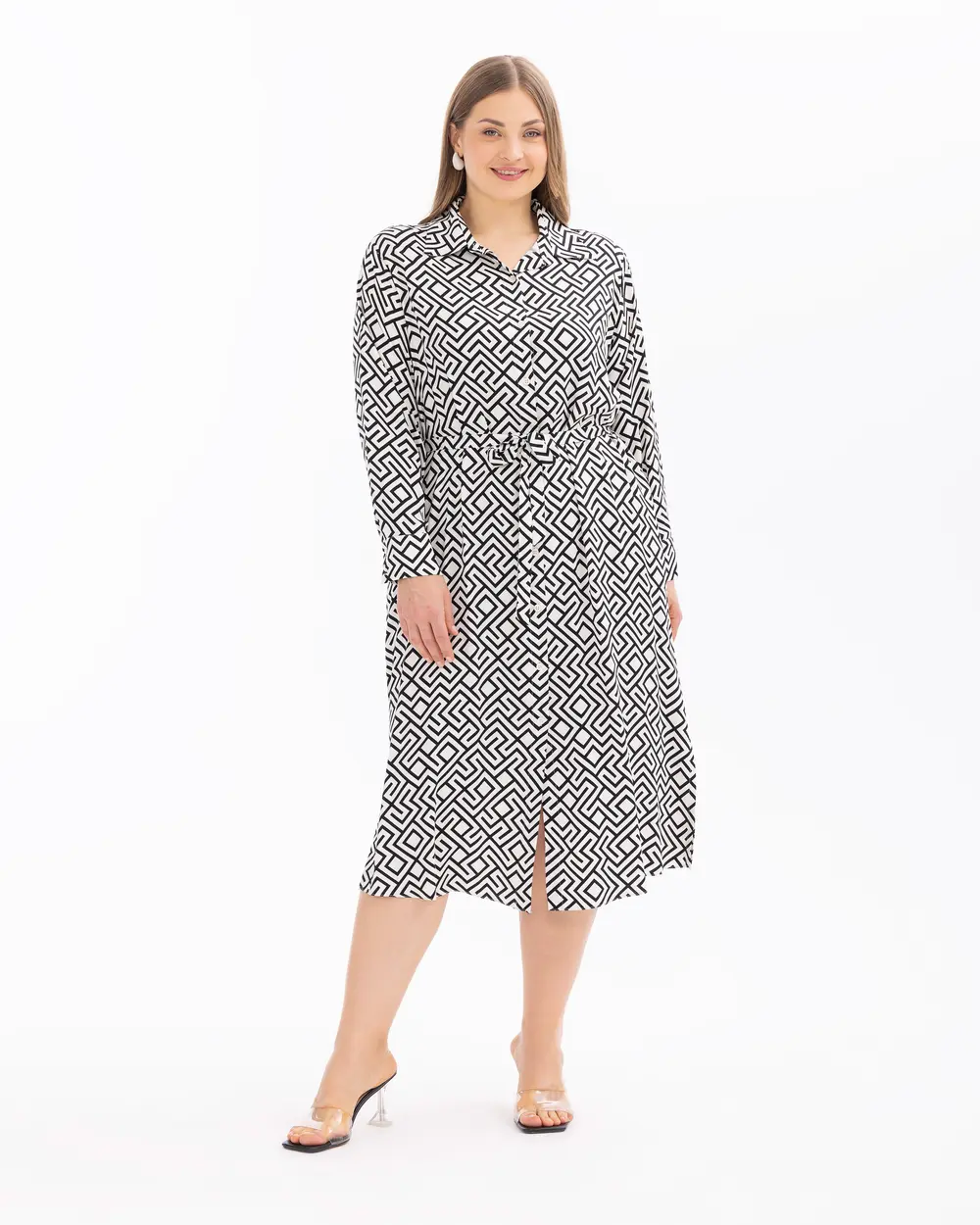 Plus Size Geometric Patterned Belted Dress