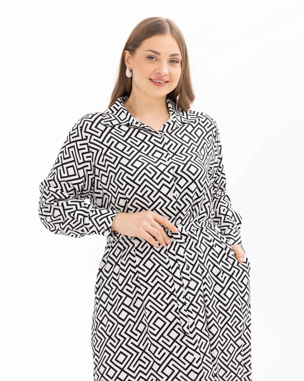 Plus Size Geometric Patterned Belted Dress