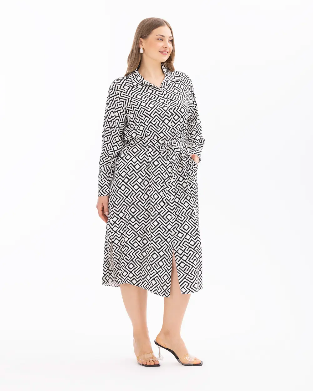 Plus Size Geometric Patterned Belted Dress