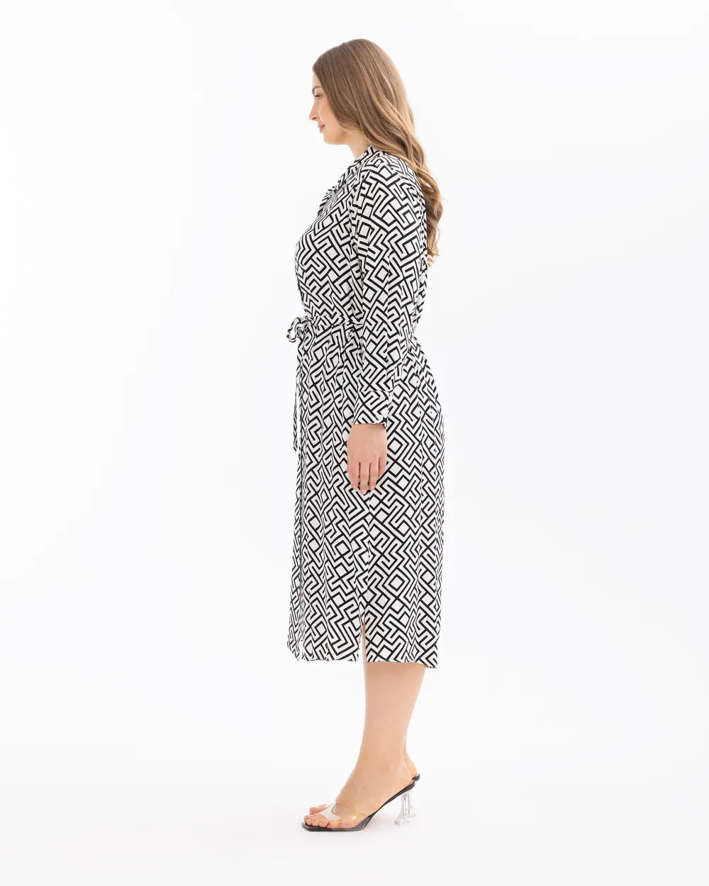 Plus Size Geometric Patterned Belted Dress