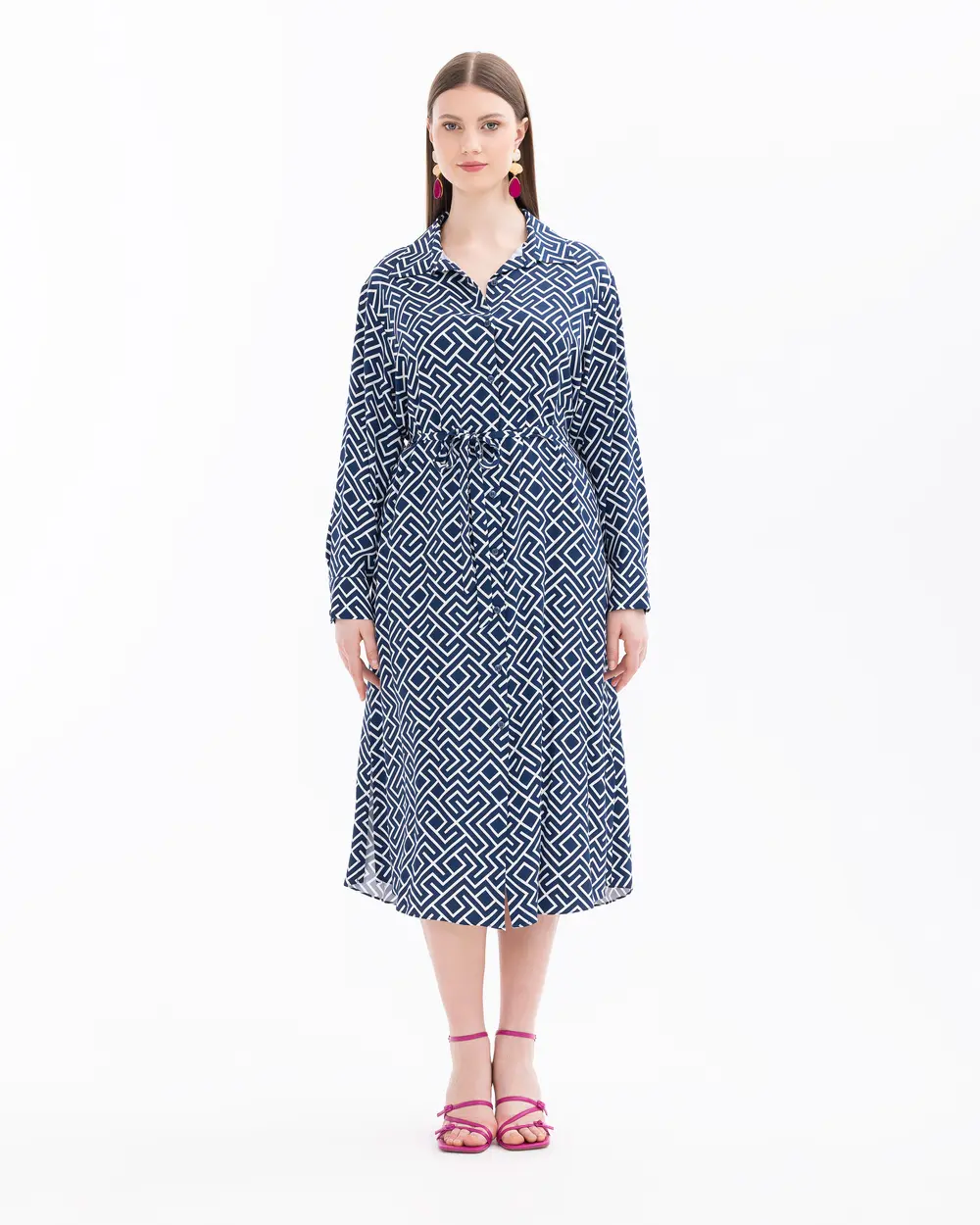 Plus Size Geometric Patterned Belted Dress