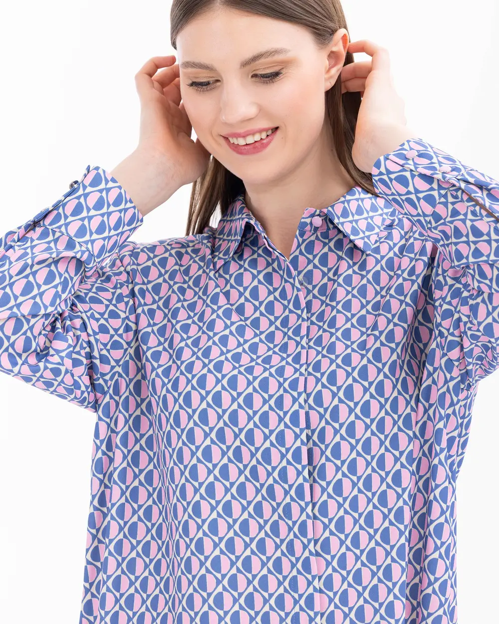 Geometric Patterned Shirt Collar Tunic