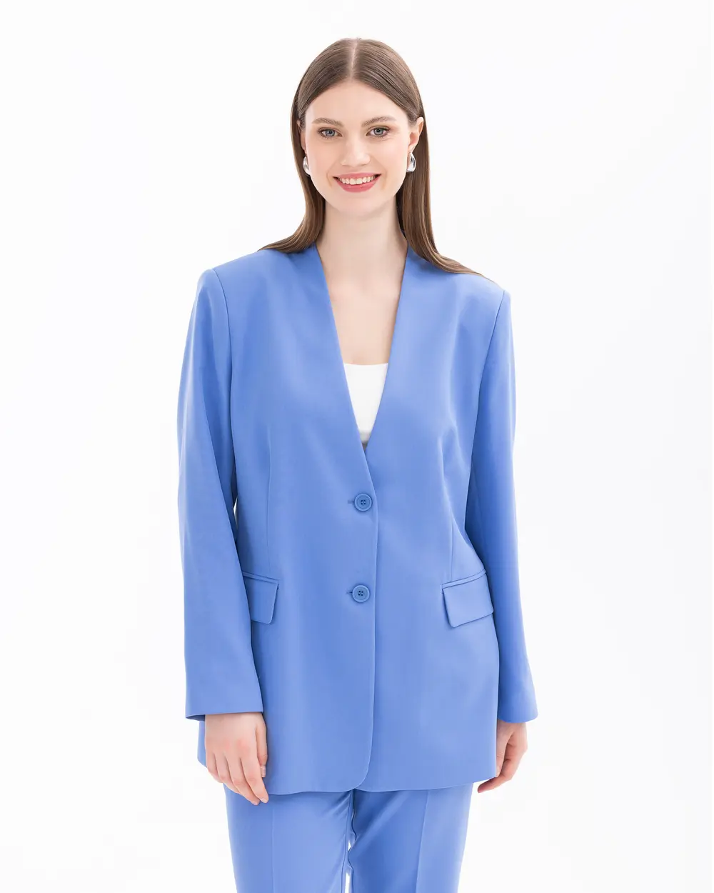 Plus Size V-Neck Blazer Jacket with Pockets