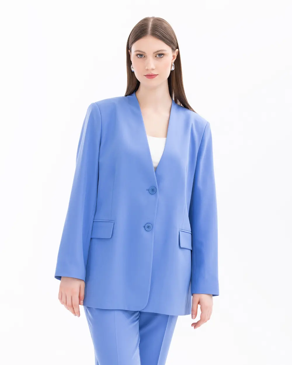 Plus Size V-Neck Blazer Jacket with Pockets