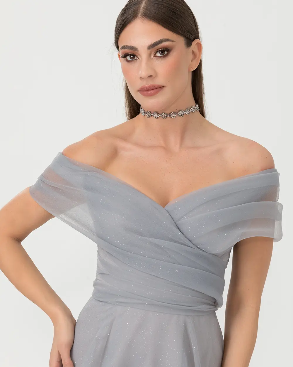 Açık Omuz Maxi Boy Tül Abiye