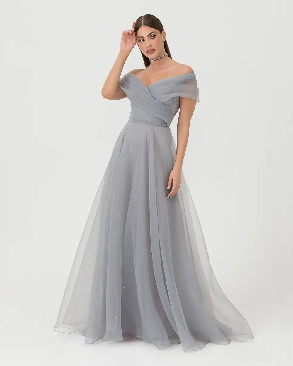 Açık Omuz Maxi Boy Tül Abiye