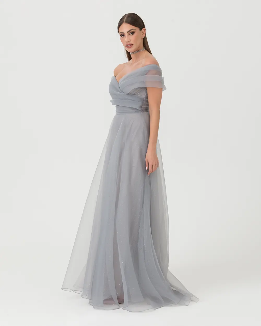 Açık Omuz Maxi Boy Tül Abiye