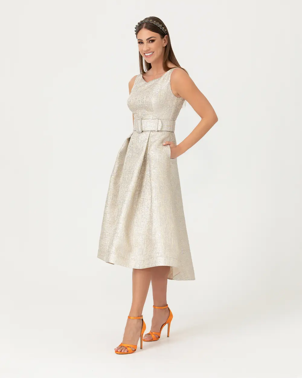 Belted Sleeveless Evening Dress