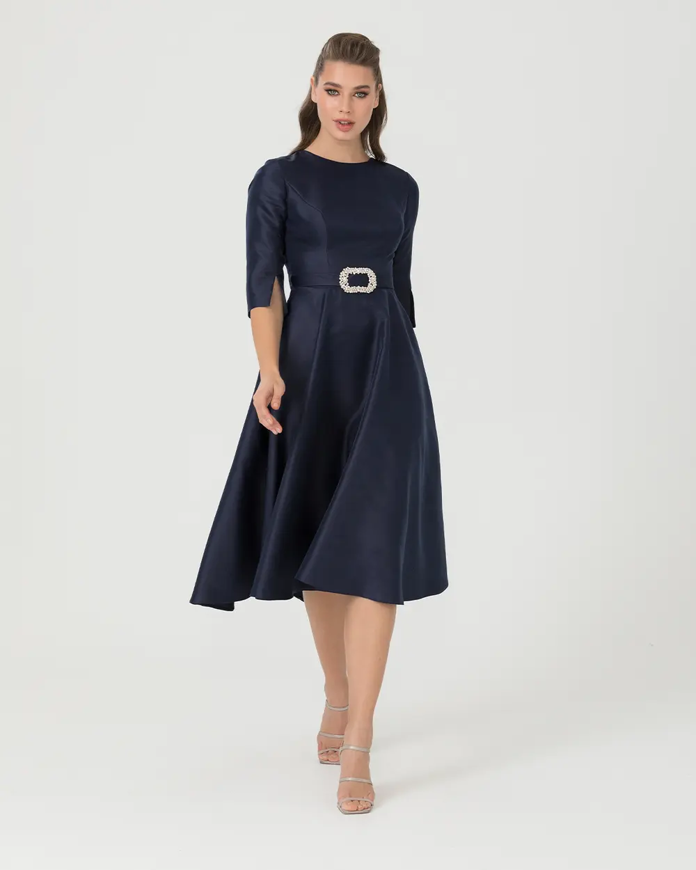 Sıfır Yaka Midi Boy Kemerli Abiye