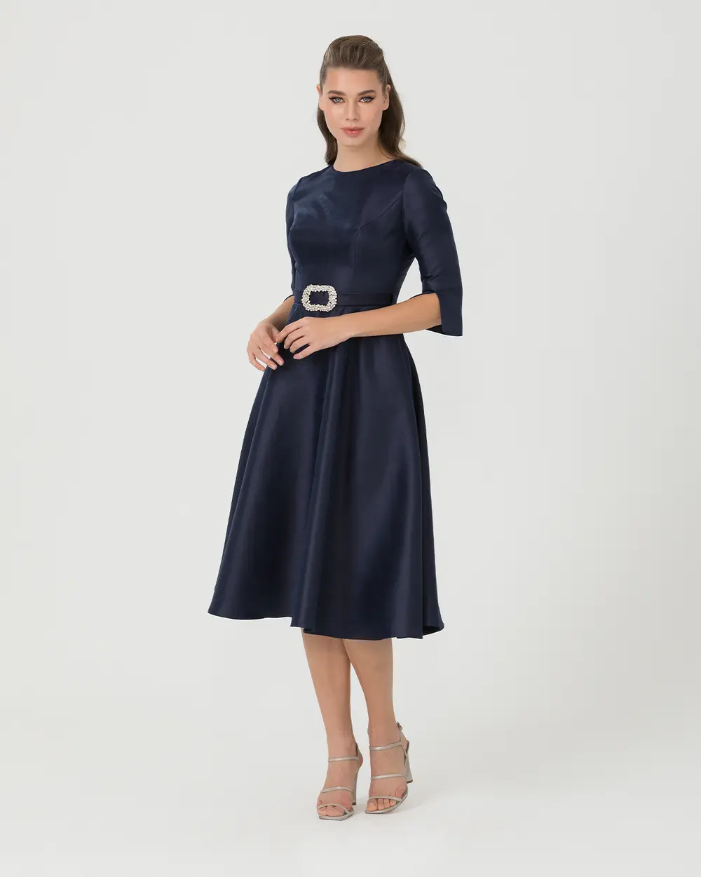 Sıfır Yaka Midi Boy Kemerli Abiye