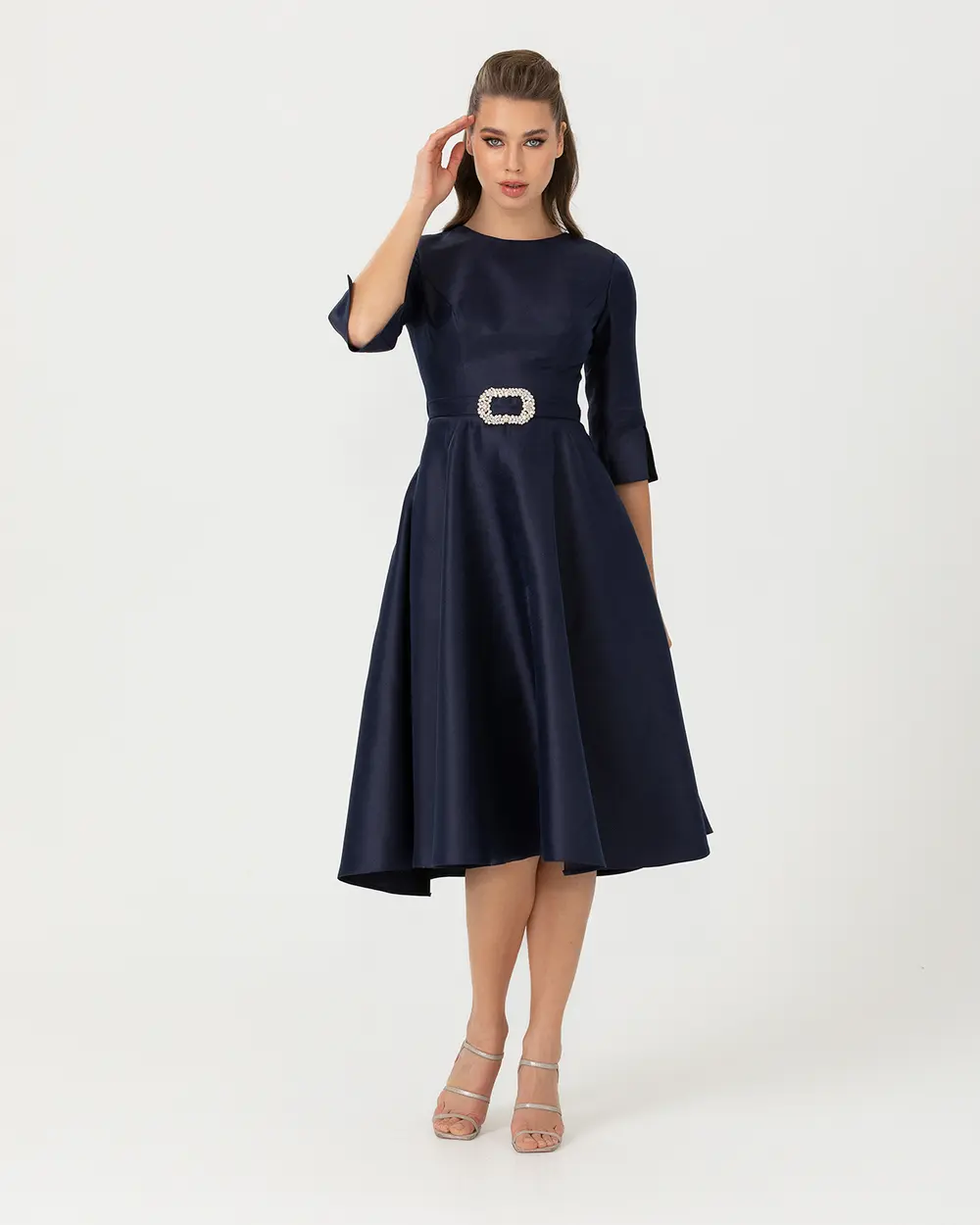 Sıfır Yaka Midi Boy Kemerli Abiye