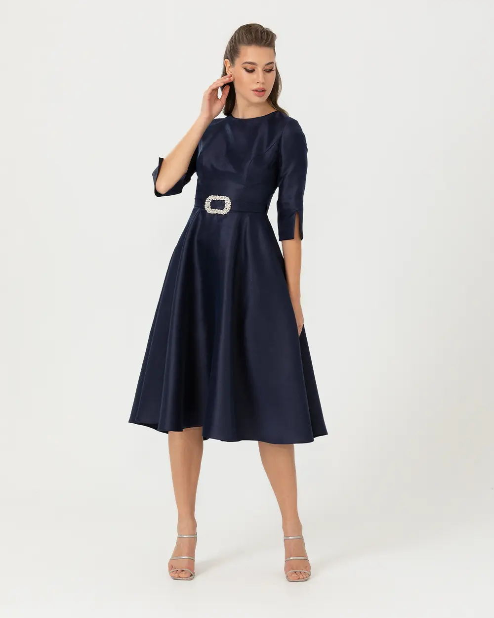 Sıfır Yaka Midi Boy Kemerli Abiye