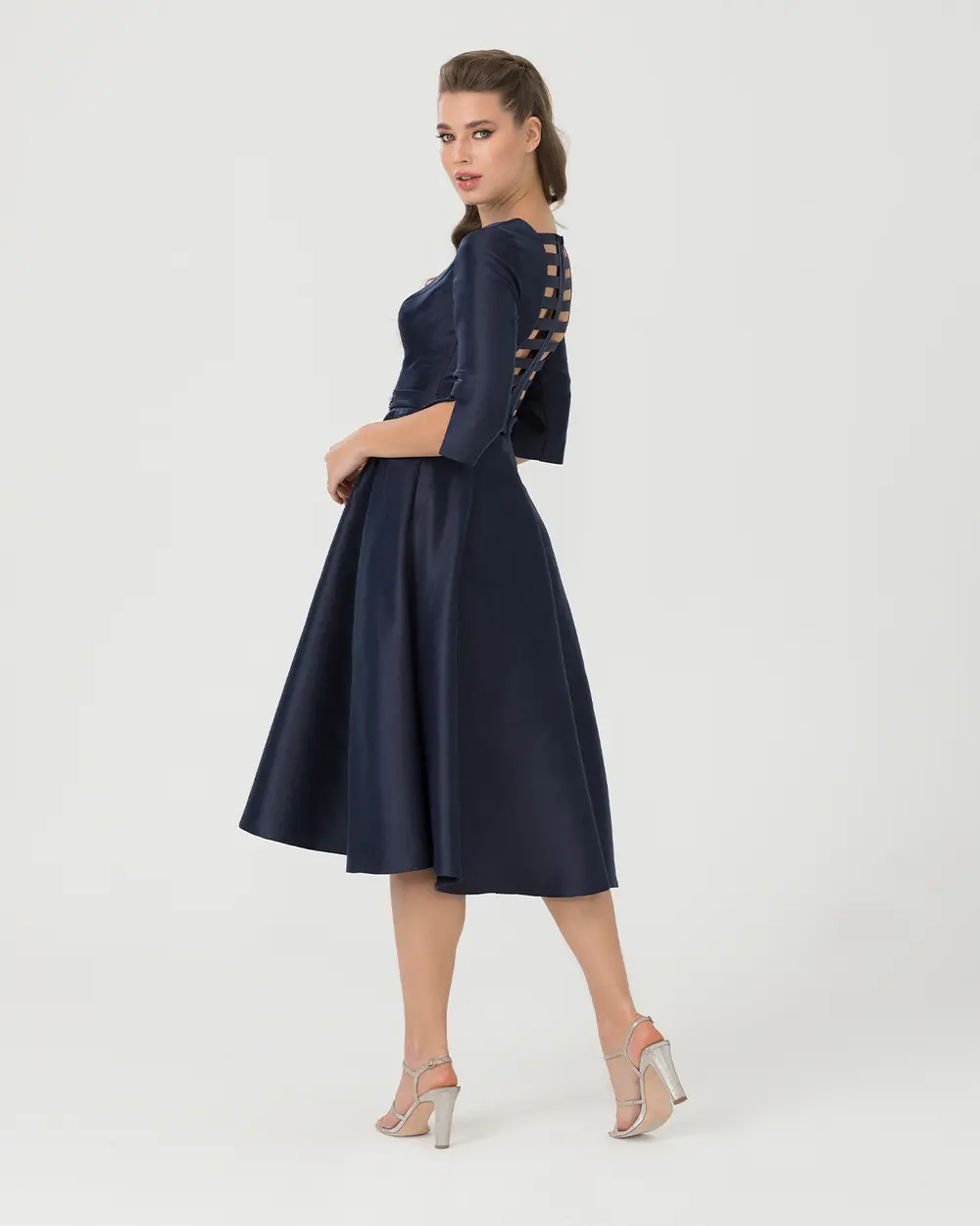 Sıfır Yaka Midi Boy Kemerli Abiye