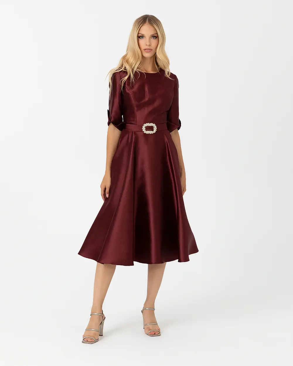 Sıfır Yaka Midi Boy Kemerli Abiye