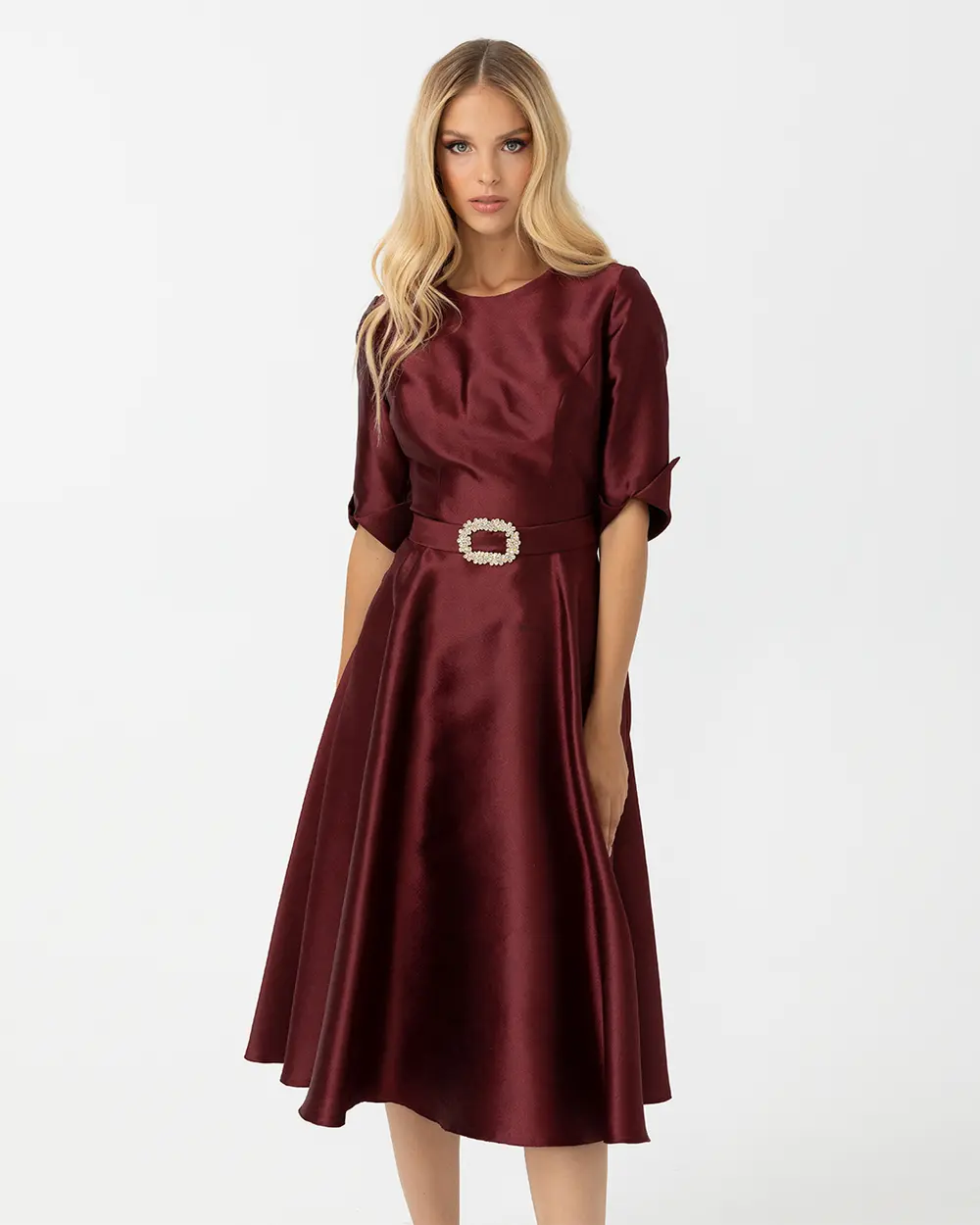 Sıfır Yaka Midi Boy Kemerli Abiye