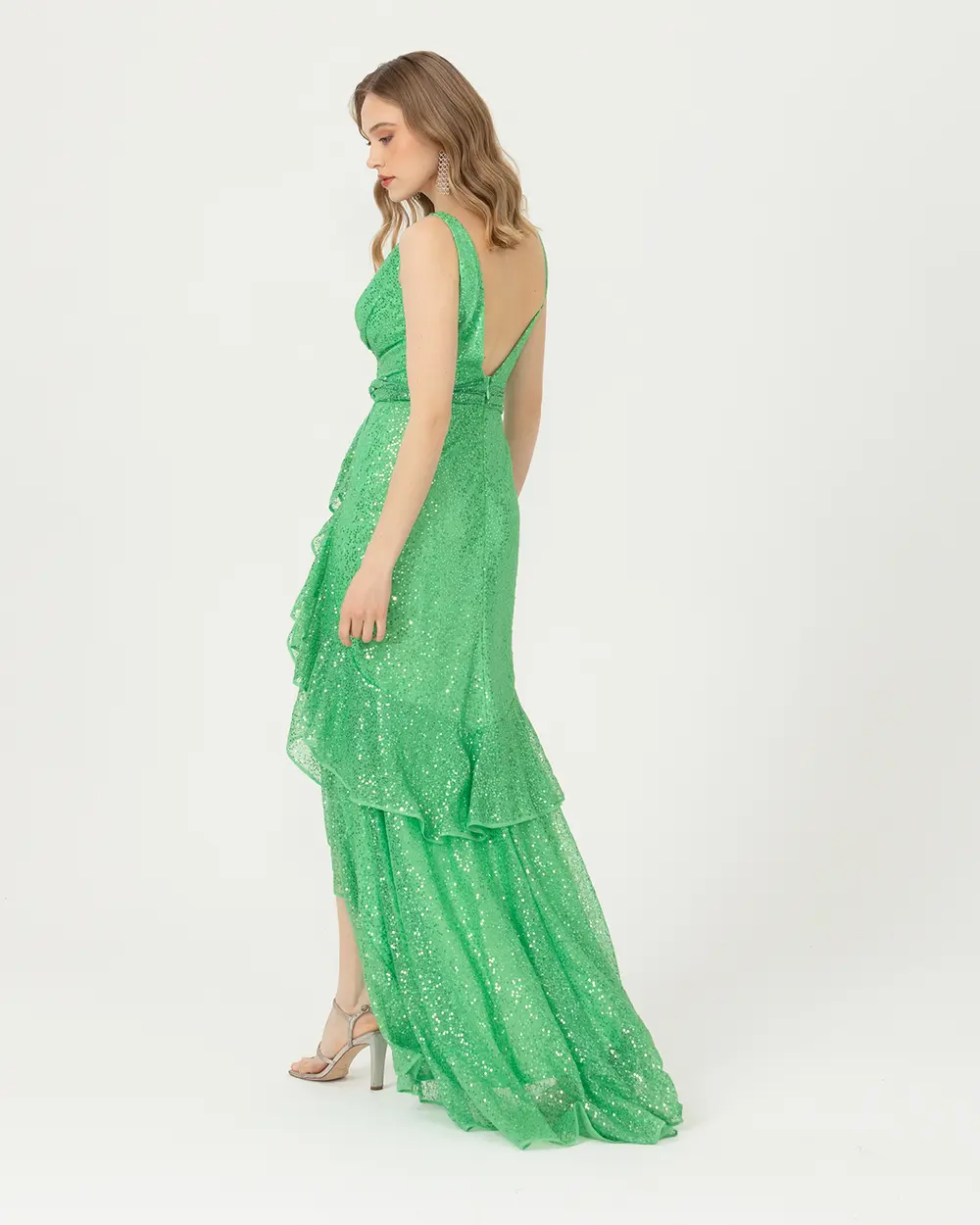 V Yaka Işlemeli Volanlı Abiye