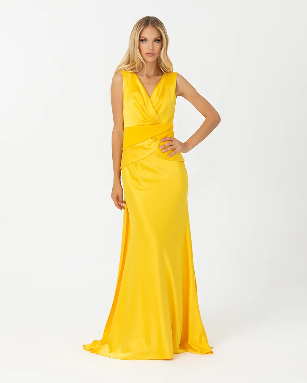  V Neck Sleeveless Crepe Evening Dress