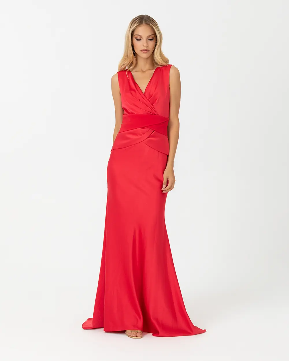  V Neck Sleeveless Crepe Evening Dress