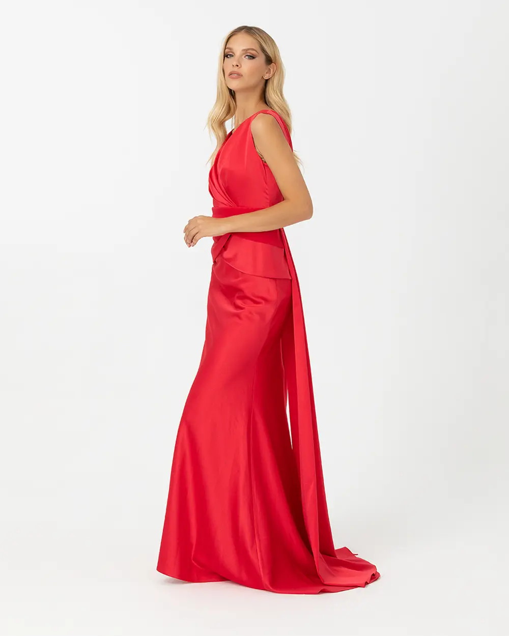  V Neck Sleeveless Crepe Evening Dress