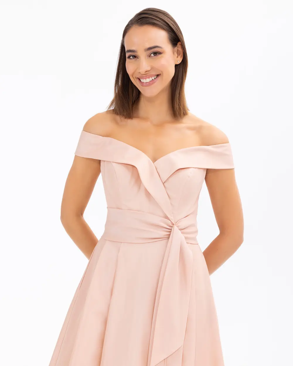 Straplez Yaka Açık Omuz Maxi Boy Abiye