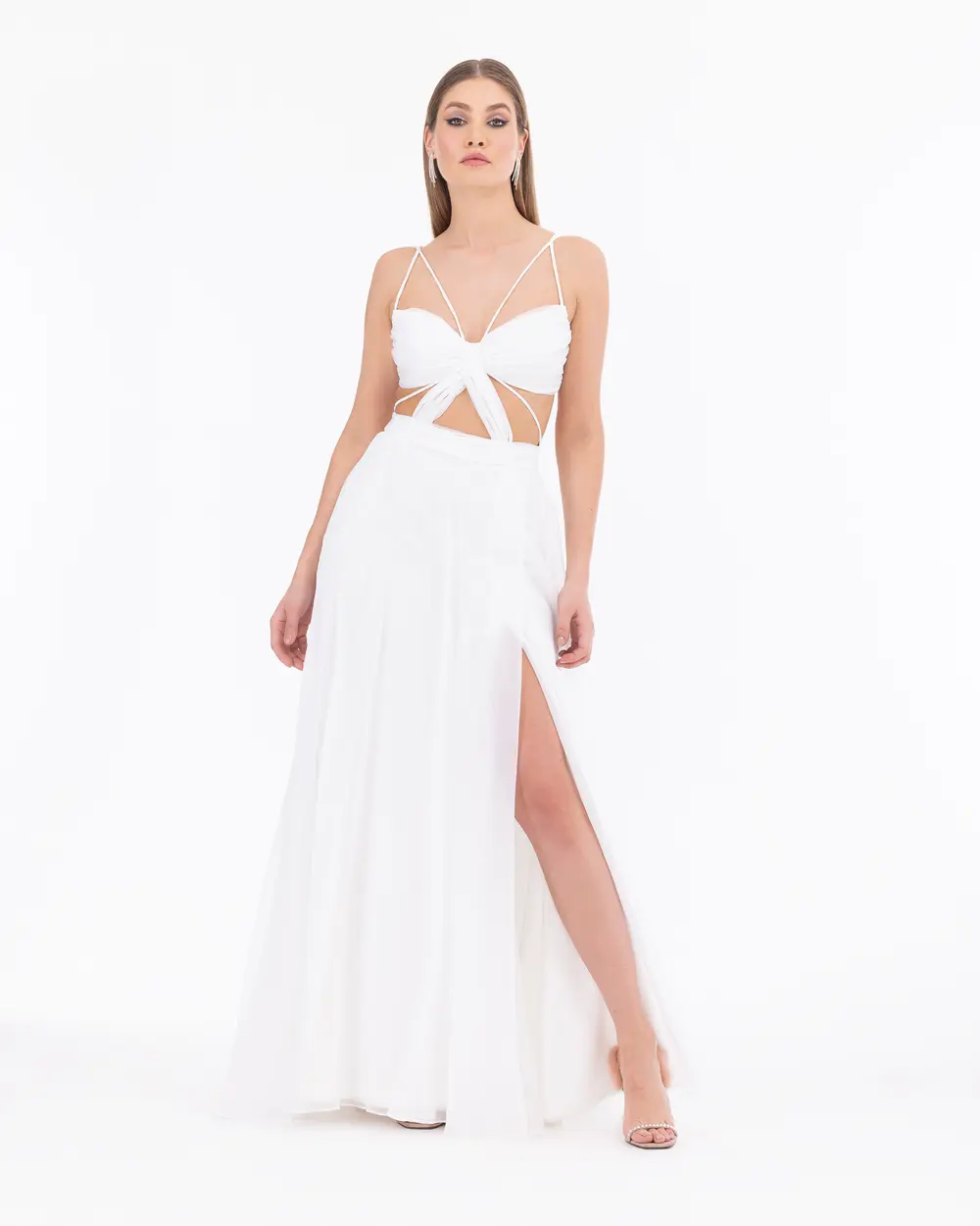 Kalp Yaka Yırtmaçlı Şifon Abiye