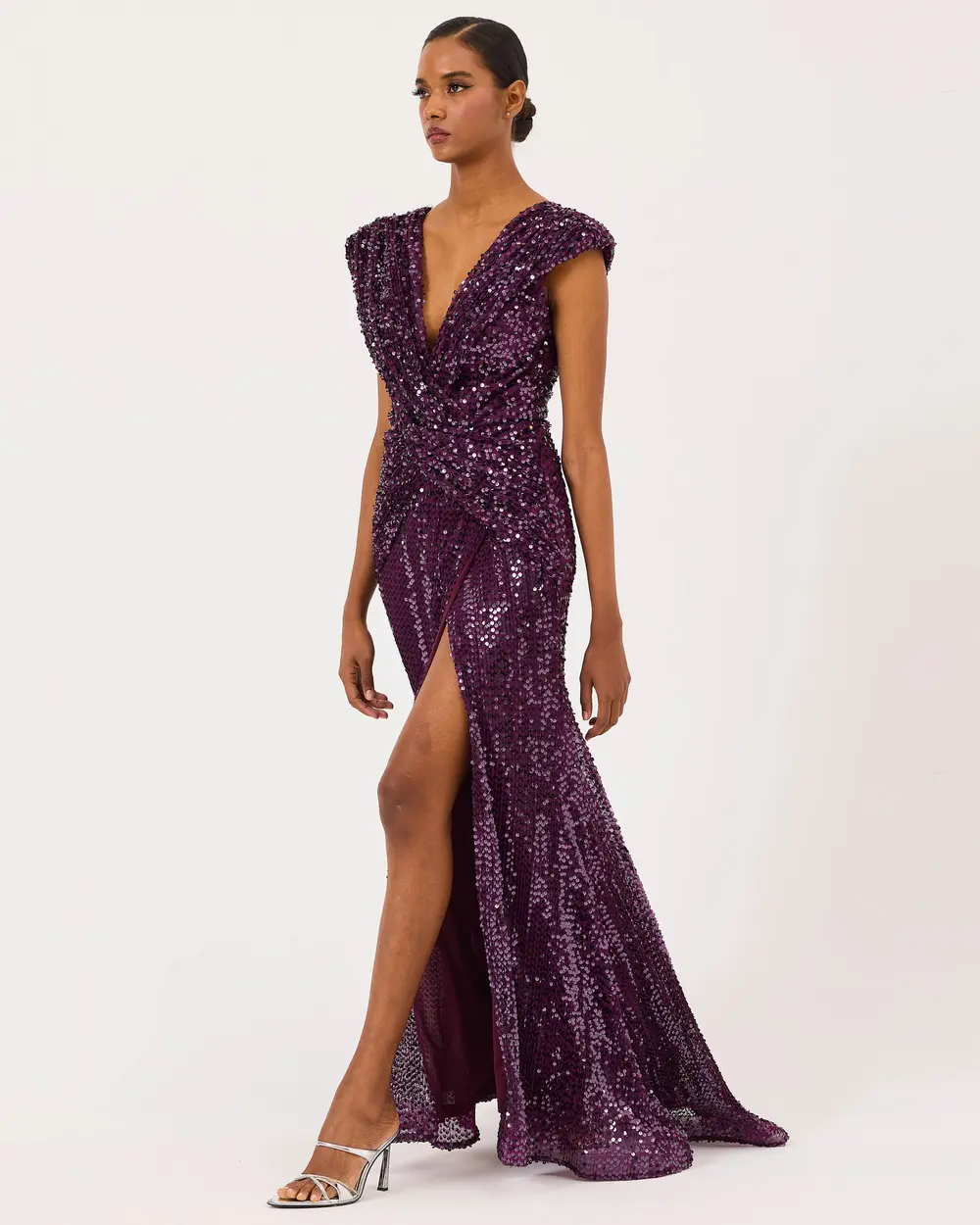 Draped V-Neck Sequin Evening Dress with Slits